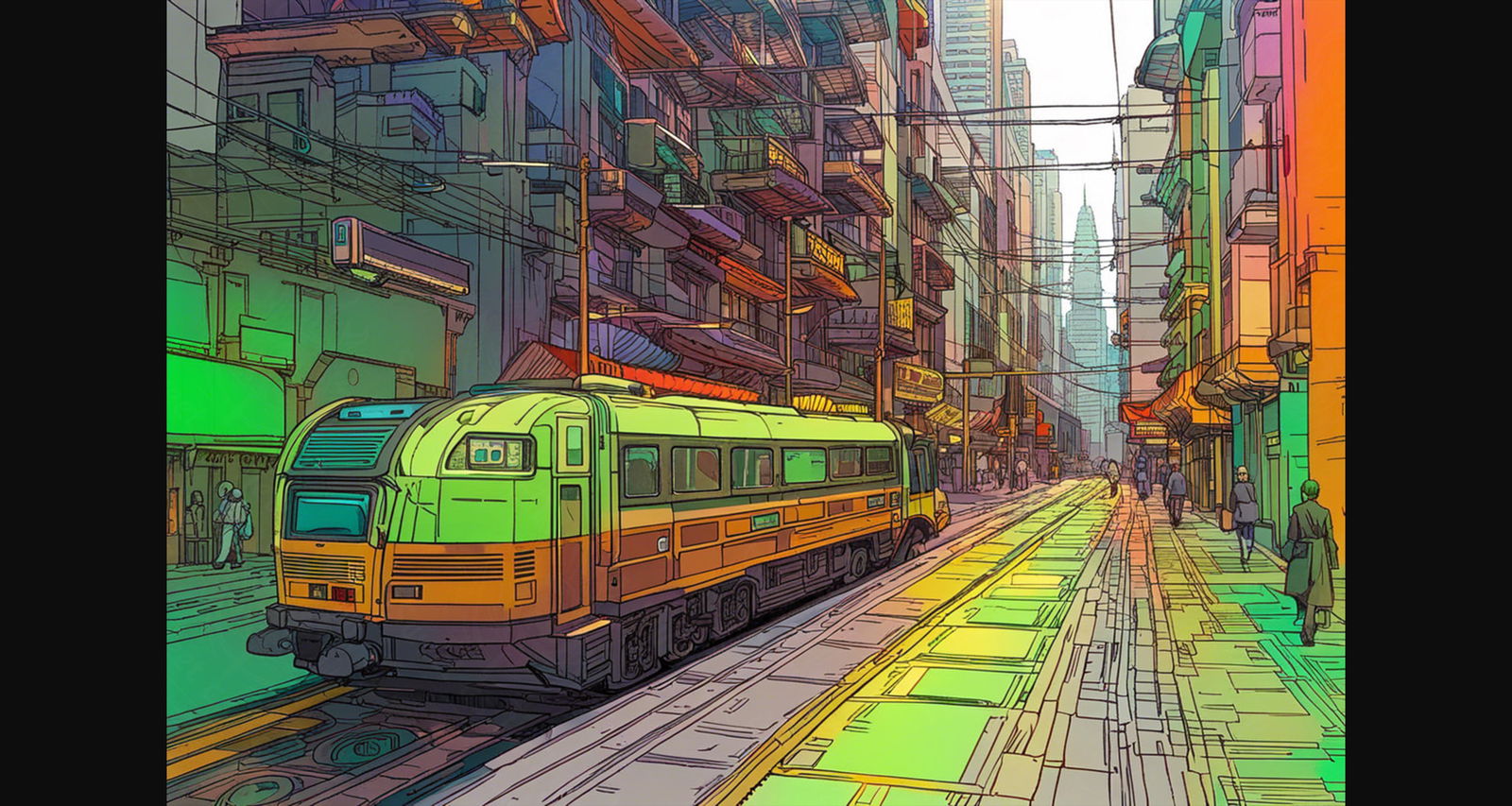 Street Level View of a Illustrated Future City in a Colored Line Art Style 0032 SN1228 - Sweet As Hell Designs