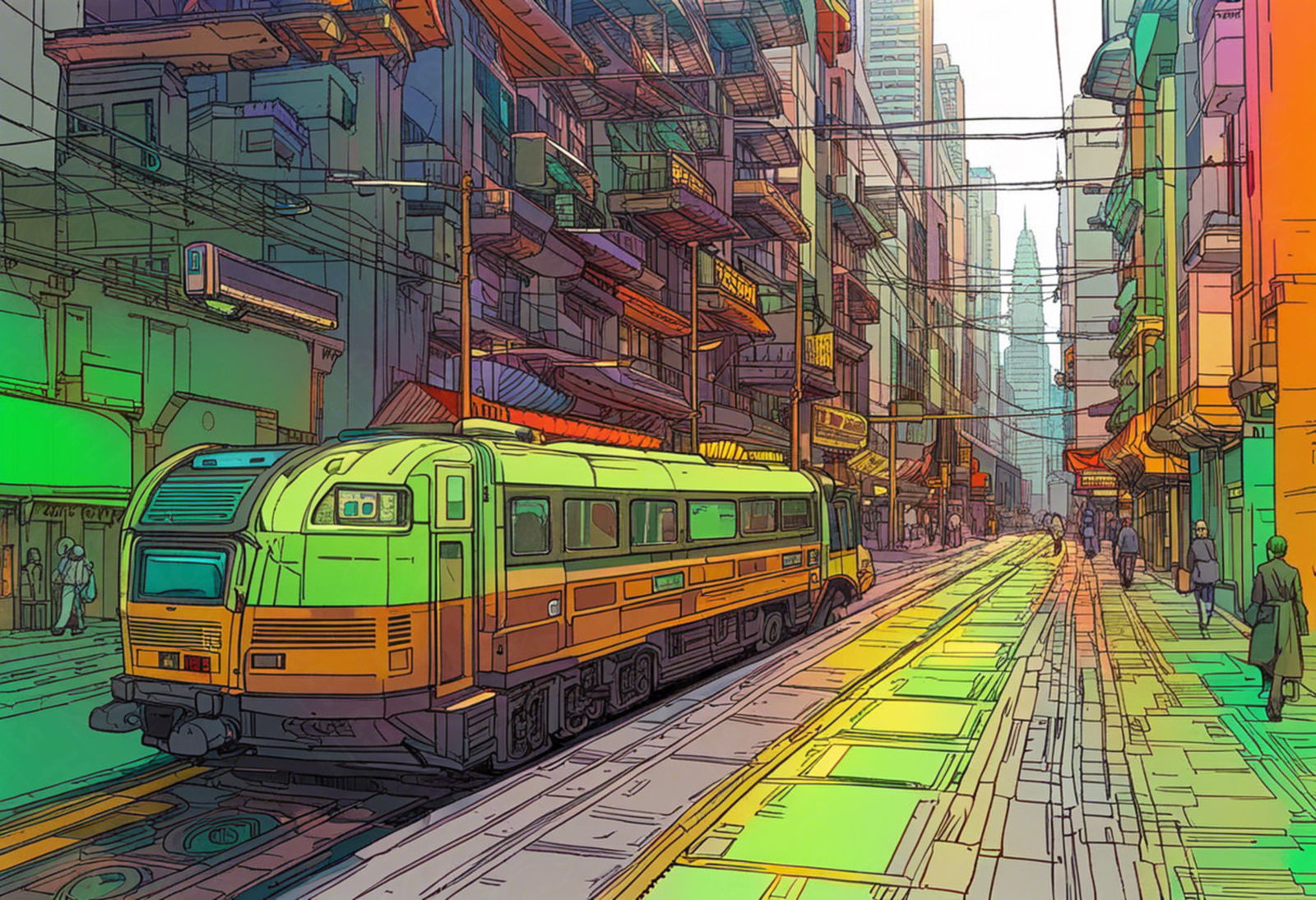 Street Level View of a Illustrated Future City in a Colored Line Art Style 0032 SN1228 - Sweet As Hell Designs