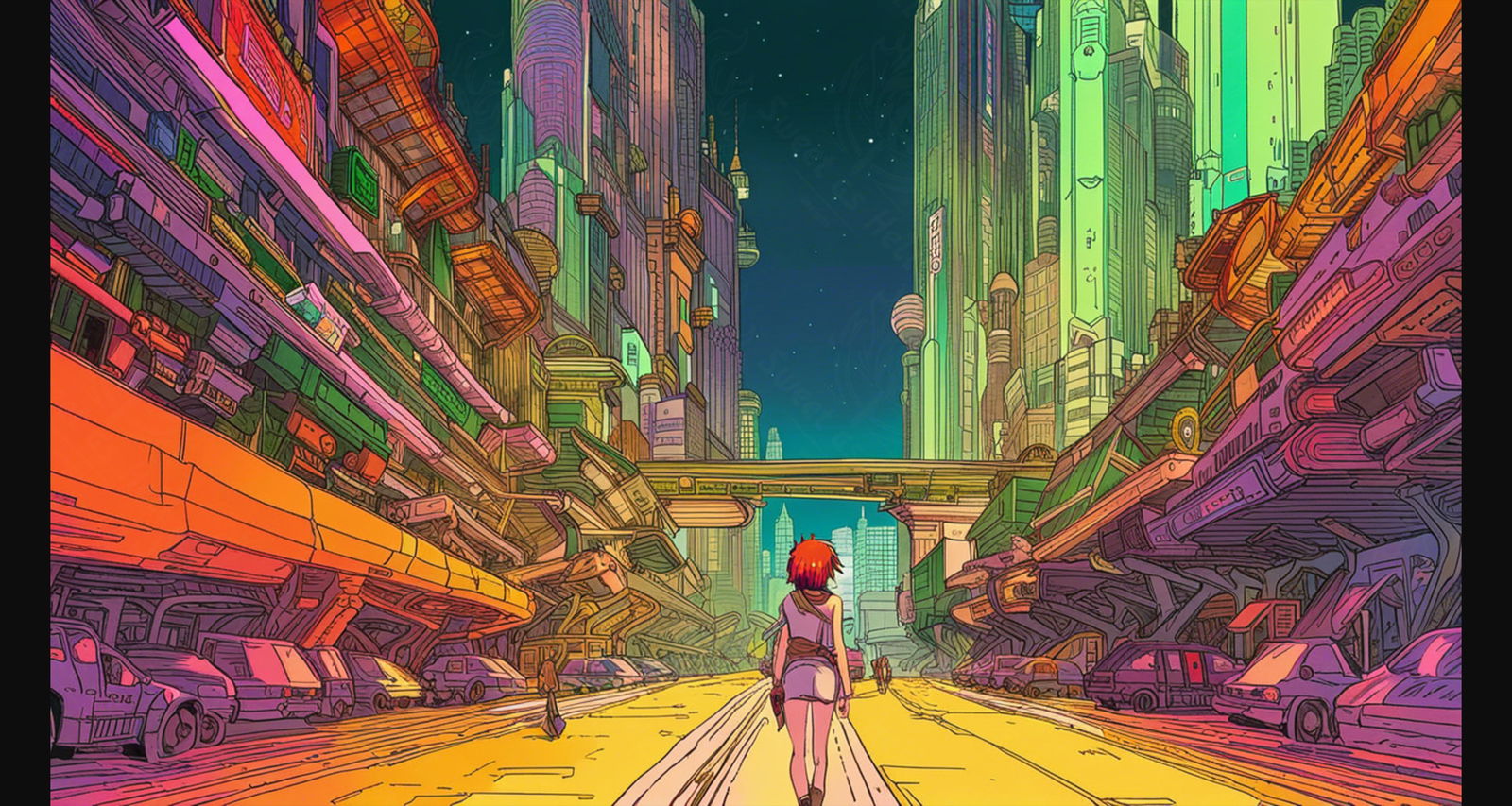 Street Level View of a Illustrated Future City in a Colored Line Art Style 0033 SN1229 - Sweet As Hell Designs