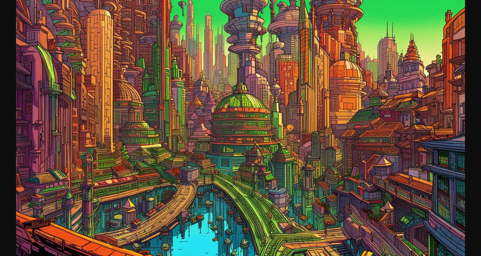 Street Level View of a Illustrated Future City in a Colored Line Art Style 0034 SN1230 - Sweet As Hell Designs