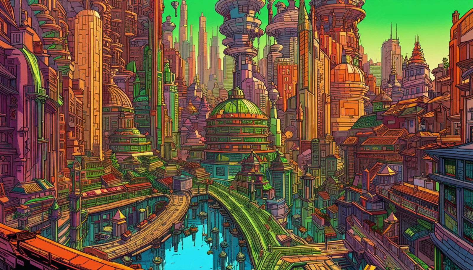 Street Level View of a Illustrated Future City in a Colored Line Art Style 0034 SN1230 - Sweet As Hell Designs