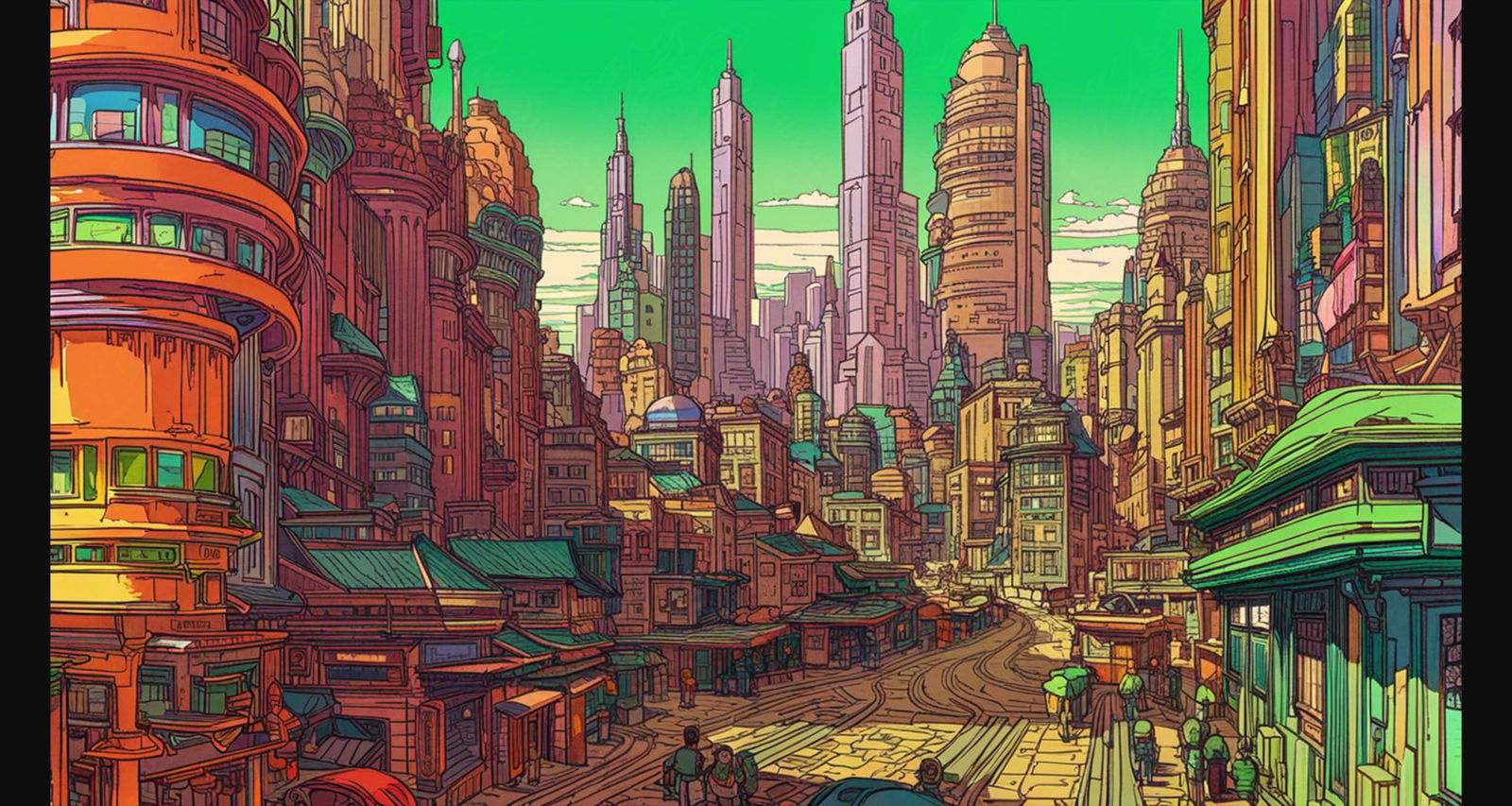 Street Level View of a Illustrated Future City in a Colored Line Art Style 0038 SN1234 - Sweet As Hell Designs