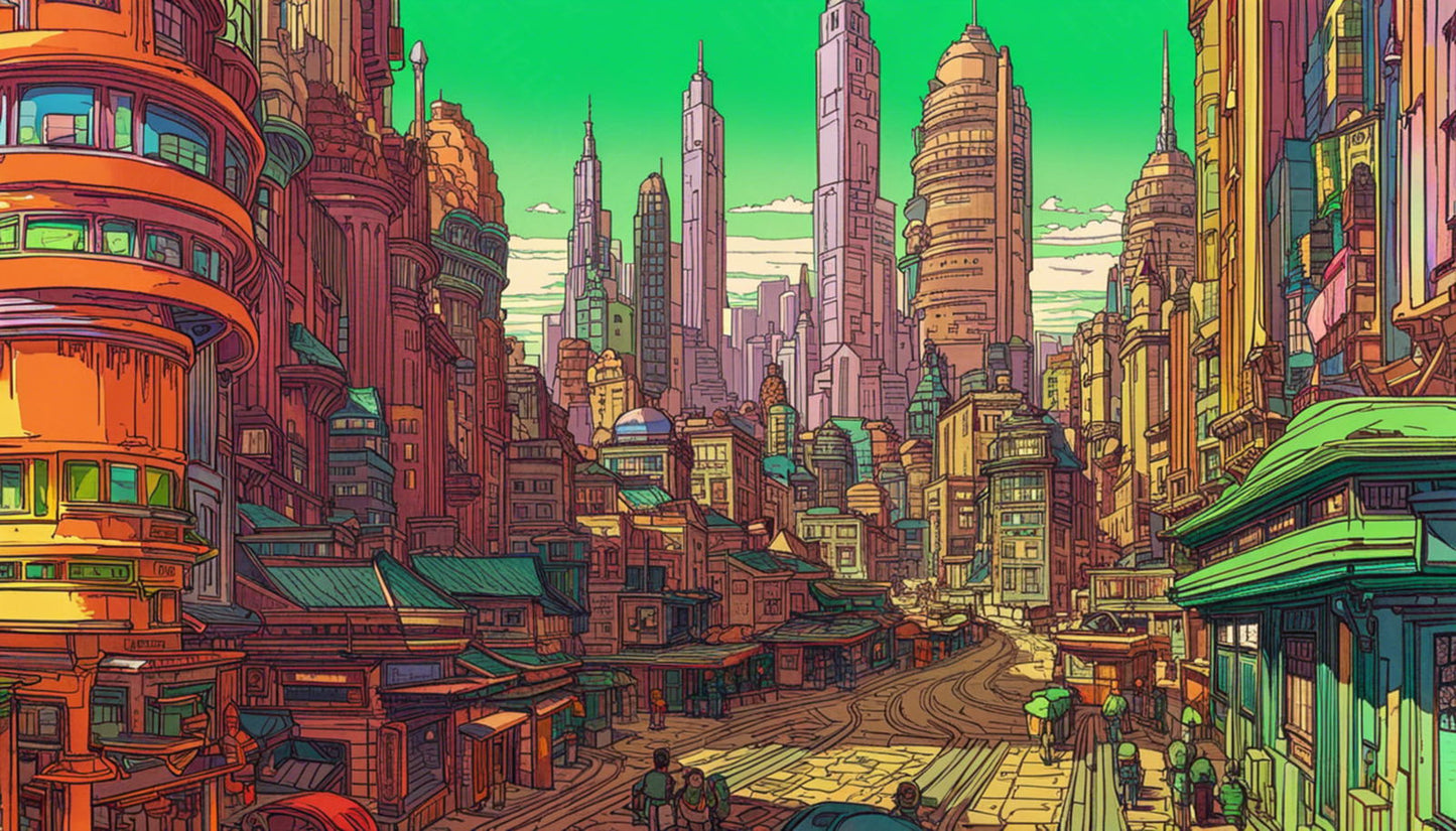 Street Level View of a Illustrated Future City in a Colored Line Art Style 0038 SN1234 - Sweet As Hell Designs
