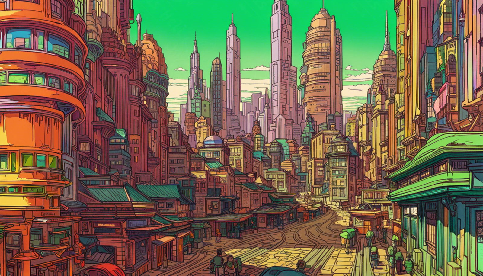 Street Level View of a Illustrated Future City in a Colored Line Art Style 0038 SN1234 - Sweet As Hell Designs