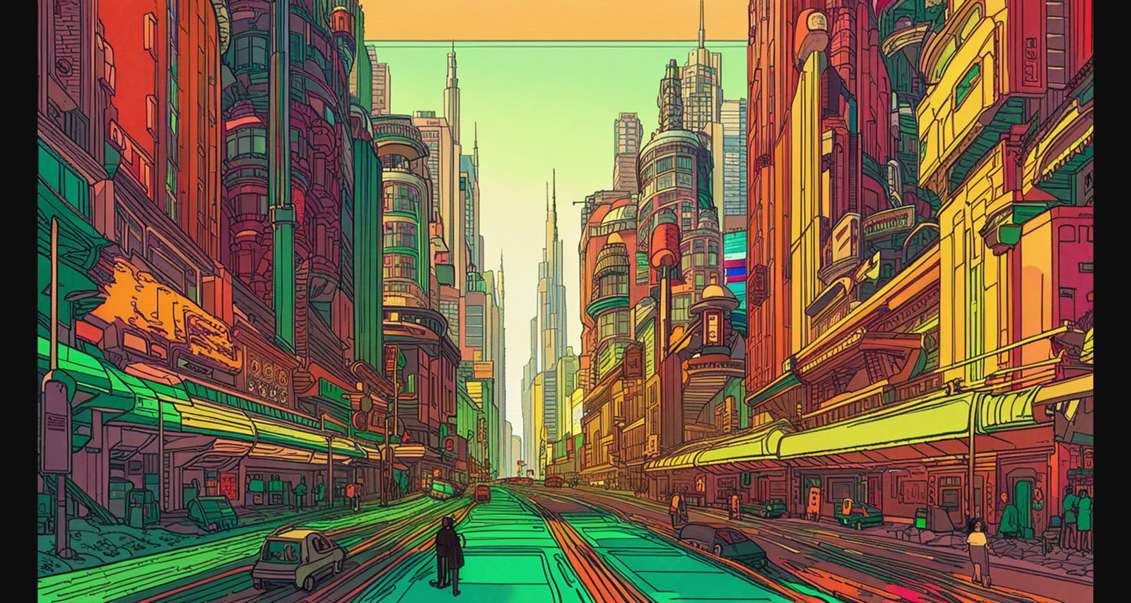 Street Level View of a Illustrated Future City in a Colored Line Art Style 0039 SN1235 - Sweet As Hell Designs