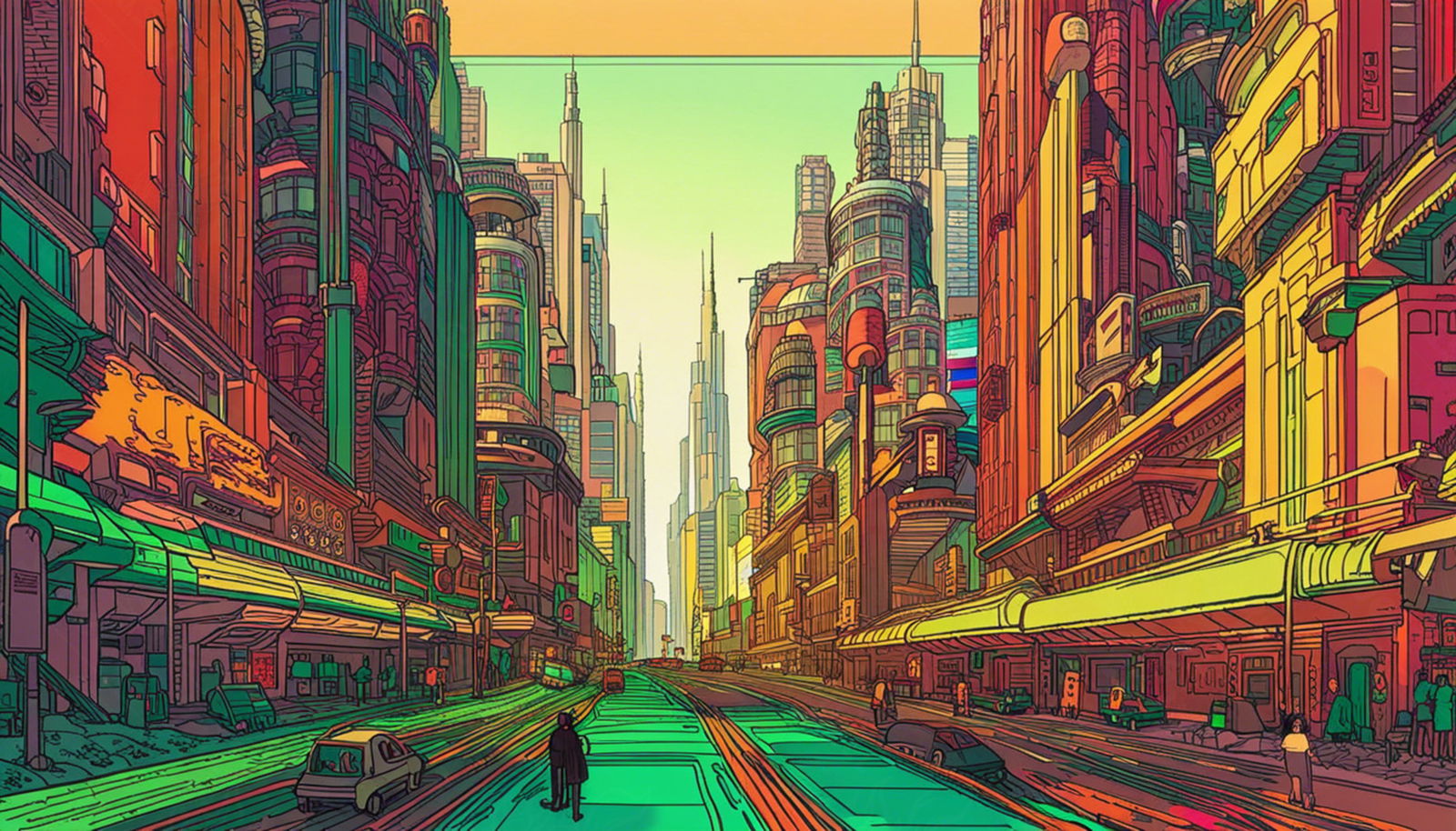 Street Level View of a Illustrated Future City in a Colored Line Art Style 0039 SN1235 - Sweet As Hell Designs