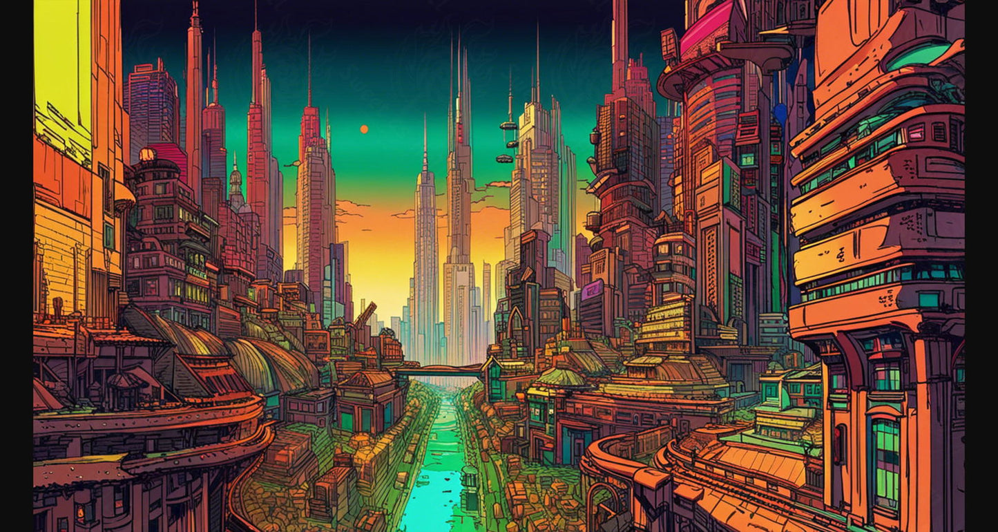 Street Level View of a Illustrated Future City in a Colored Line Art Style 0041 SN1237 - Sweet As Hell Designs