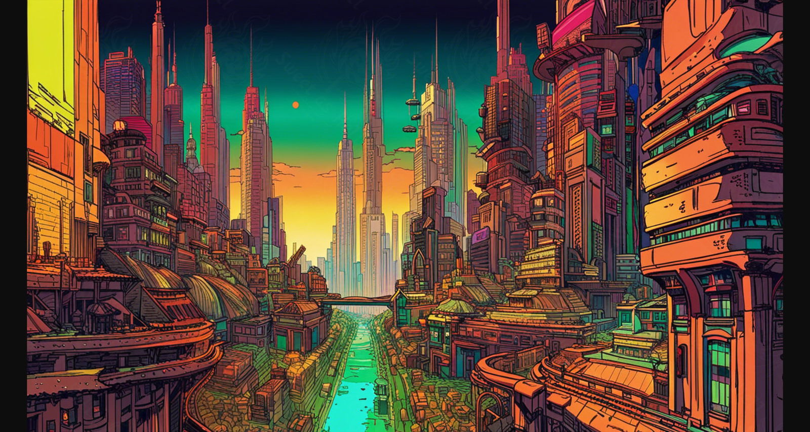 Street Level View of a Illustrated Future City in a Colored Line Art Style 0041 SN1237 - Sweet As Hell Designs