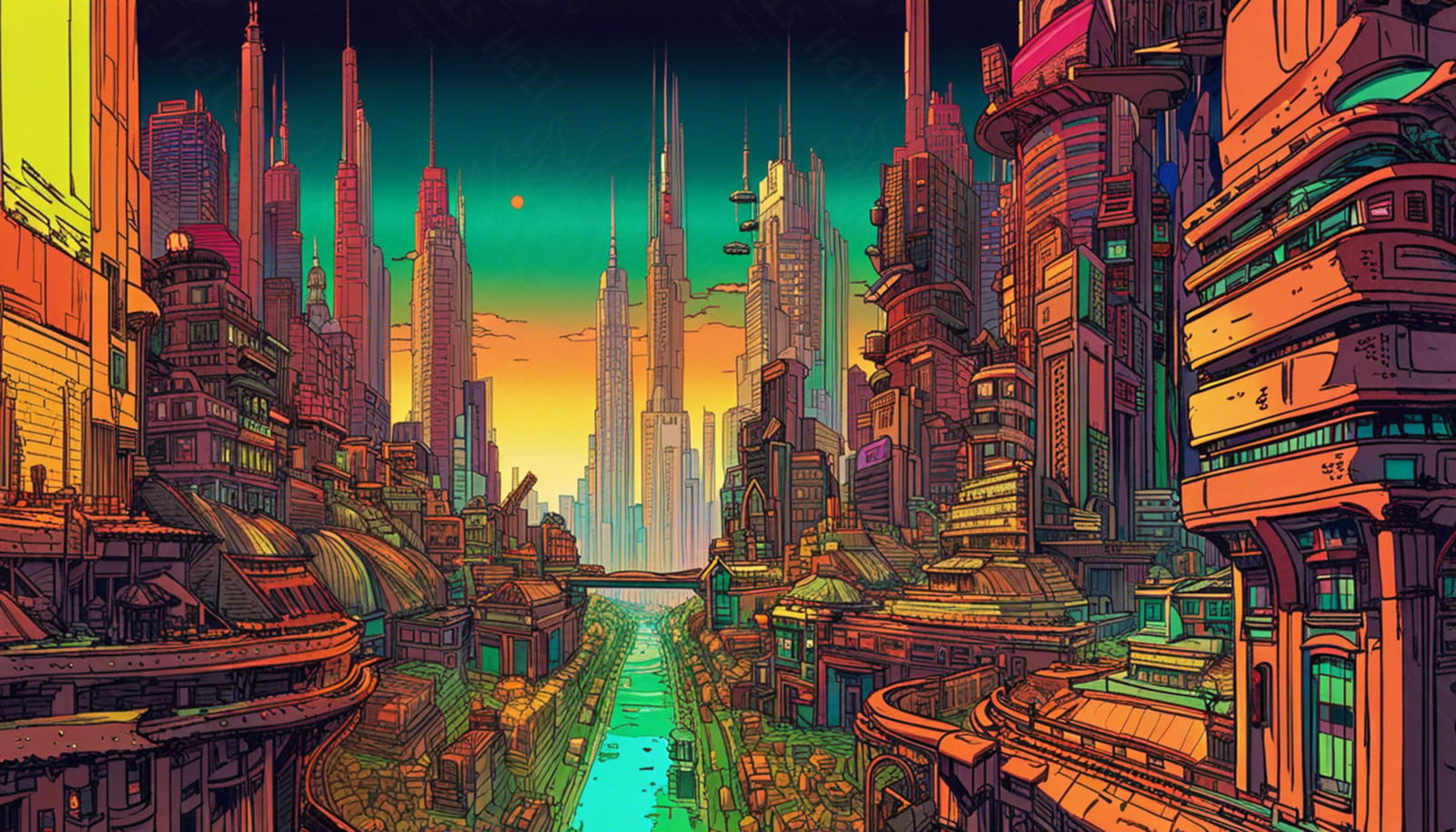 Street Level View of a Illustrated Future City in a Colored Line Art Style 0041 SN1237 - Sweet As Hell Designs