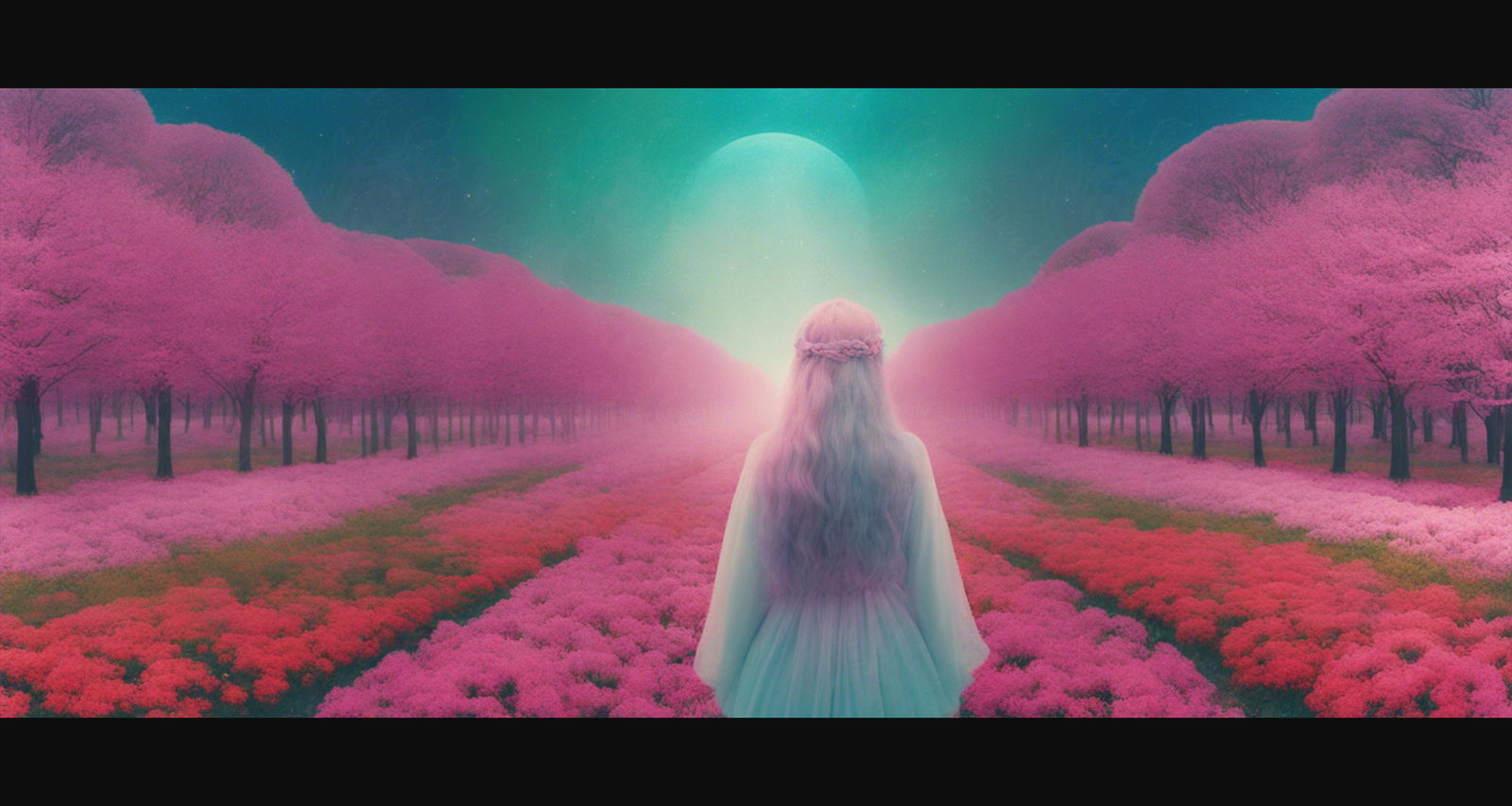 Surreal Symmetrical Art of a woman Standing in a Field with Rows of Flowers Lined with Trees Staring Out Into the Night 21 by 9 0001 SN1239 - Sweet As Hell Designs