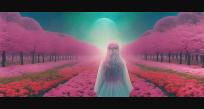 Surreal Symmetrical Art of a woman Standing in a Field with Rows of Flowers Lined with Trees Staring Out Into the Night 21 by 9 0001 SN1239 - Sweet As Hell Designs
