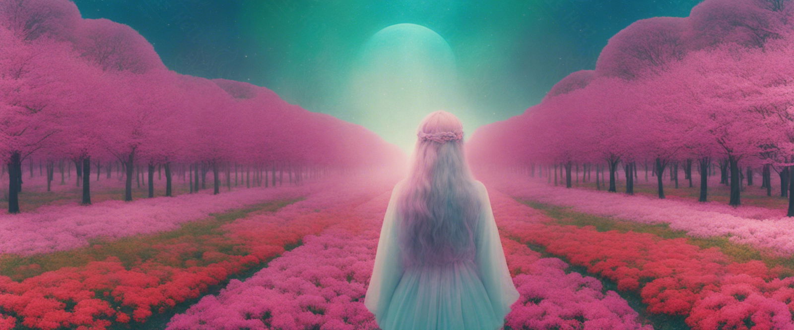 Surreal Symmetrical Art of a woman Standing in a Field with Rows of Flowers Lined with Trees Staring Out Into the Night 21 by 9 0001 SN1239 - Sweet As Hell Designs