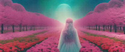 Surreal Symmetrical Art of a woman Standing in a Field with Rows of Flowers Lined with Trees Staring Out Into the Night 21 by 9 0001 SN1239 - Sweet As Hell Designs