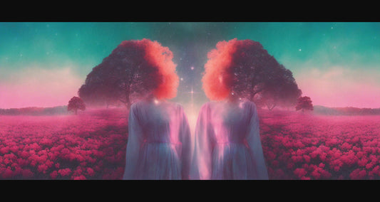 Surreal Symmetrical Art with Cosmic Elements of a Field of Flowers Split by Two Tree Headed Female Bodies 21 by 9 0001 SN1240 - Sweet As Hell Designs