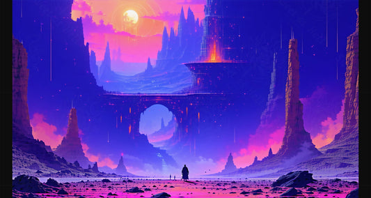 The Adventurer is dwarfed by the futuristic fantasy landscape at sunset SN3078 - Sweet As Hell Designs